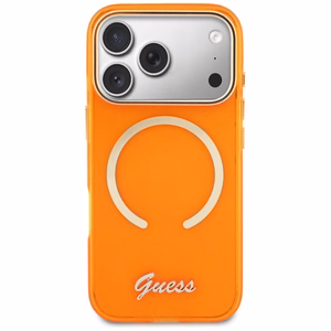 Guess IML Script Metal MagSafe Maciņš for iPhone 17 Pro - oranžs