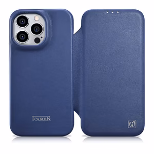 iCarer CE Premium ādas folio vāciņš iPhone 14 Pro ar MagSafe magnētisku flip vāciņu - zilā krāsā