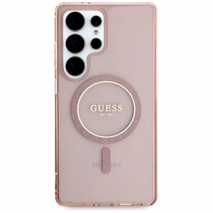 Guess Glitter Circle Classic Logo Magnētiskais viedtālruņa apvalks Samsung Galaxy S25 Ultra rozā