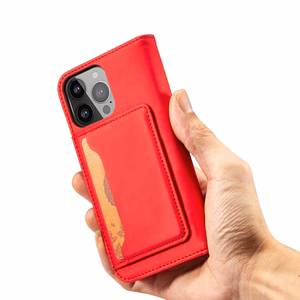 Magnētiskais karšu viedtālruņa apvalks iPhone 13 Pro Max ar karšu turētāju, sarkans