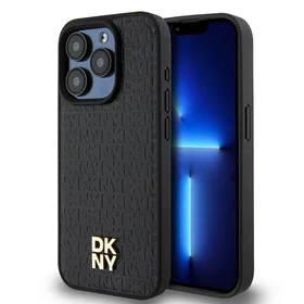 DKNY Ādas monogrammas raksta metāla logotips Magnētiskais viedtālruņa apvalks iPhone 15 Pro - melna