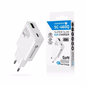 lādētājs GaN 1x USB-C, 1x USB Quick Charge 3.0 45W PD balts