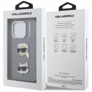 Karl Lagerfeld FW Grained Karl & Choupette Heads Pins Maciņš iPhone 16 Pro Max - pelēks