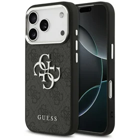 GUESS viedtālruņa apvalks IPHONE 17 Pro GUHCP17LP4G4SMCK (4G PU ādas apvalks ar lielu 4G un klasisko logotipu un sudraba metāla kameras rāmi) melns
