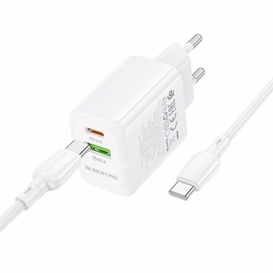 Borofone Wall charger BN27 Fuente - USB + Type C - QC 3.0 PD 20W with Type C to Type C cable white