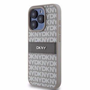 DKNY Ādas mono svītra un metāla logotips viedtālruņa apvalks iPhone 15 Pro Max - bēšs