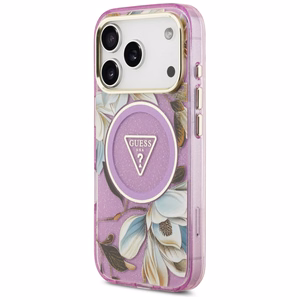 Guess IML Glitter Flowers Triangle MagSafe maciņš modelim iPhone 17 Pro / 18 Pro – violets