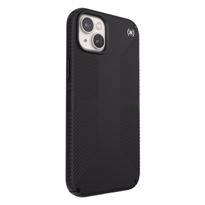 Speck Presidio2 Grip vāciņš ierīcei iPhone 15 Plus / 14 Plus, ar neslīdošu satvērienu, “Black / Black / White” krāsu kombinācija
