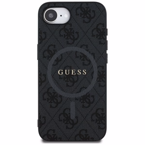 Guess PU ādas 4G krāsains gredzena apvalks ar MagSafe iPhone 16e - melns