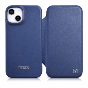 iCarer CE Premium ādas folio viedtālruņa apvalks iPhone 14 Plus magnētiskais atveramais ādas folio apvalks MagSafe zila