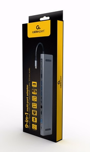Gembird A-CM-COMBO9-01 USB Type-C 9-in-1 vairāku portu adapteris (USB centrmezgls + HDMI + VGA + PD + karšu lasītājs + LAN + 3.5 mm audio), kosmiski pelēks
