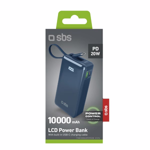 Внешний аккумулятор SBS 10000 mAh 20W со встроенным кабелем USB-C и цифровым дисплеем - тёмно-серый