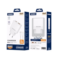 JELLICO Sienas lādētājs EU57 PD 20W 1xUSB-C + 1xUSB QC3.0 + kabelis USB-C - Lightning balts