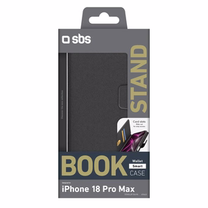 SBS Wallet Smart maciņš modelim iPhone 18 Pro Max, ar maku un statīvu – melns