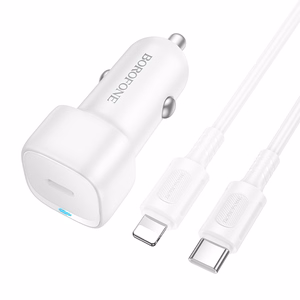 Borofone autolādētājs BZ34A Cloud - Type C - PD 20W ar Type C uz Lightning kabeli balts