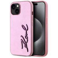 Karl Lagerfeld Wrinkled Metal Signature viedtālruņa apvalks iPhone 15 - rozā