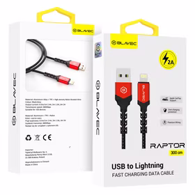 Blavec kabelis Raptor pīts - USB uz Lightning - 2A 3 metri Apple CarPlay (CRA-UL2BR30) melns-sarkans