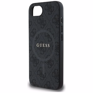 Guess PU ādas 4G krāsains gredzena apvalks ar MagSafe iPhone 16e - melns