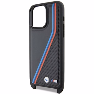 BMW M Edition oglekļa trīskrāsu līnijas un siksna viedtālruņa apvalks iPhone 15 Pro - melns