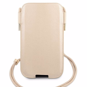 Guess Saffiano Pouch tālruņa soma, S / M izmērs, tālruņiem līdz 6.1", zelta krāsā