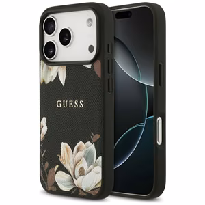 Guess Grained Flowers Classic Logo MagSafe viedtālruņa apvalks iPhone 17 Pro - melns (m)