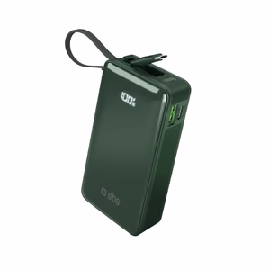 Внешний аккумулятор SBS 10000 mAh 20W со встроенным кабелем USB-C и цифровым дисплеем - зелёный