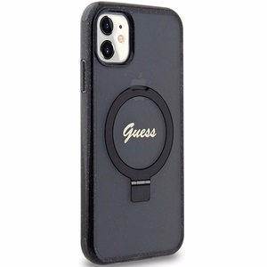 Guess Ring Stand Script Glitter Magnētiskais viedtālruņa apvalks iPhone 11 / Xr - melns