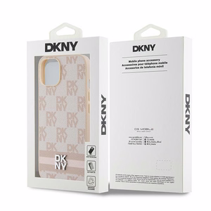 DKNY Ādas rūtainais mono raksts un drukātās svītras viedtālruņa apvalks iPhone 15 Plus / 14 Plus - rozā