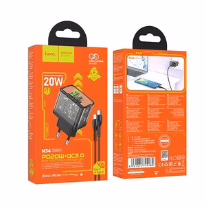 Lādētājs viedtālrunim Hoco USB A + USB C QC3.0 PD 3A 20W + kabelis USB C uz USB C N34 caurspīdīgs