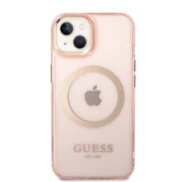Guess GUHMP14SHTCMP iPhone 14 6.1" rozā cietais viedtālruņa apvalks ar zelta kontūru, caurspīdīgs, magnētiskais (MagSafe)