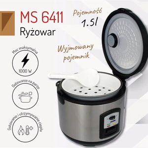 Mesko MS 6411 – rīsu vārīšanas katls, 1000 W, 1,5 l, nerūsējošais tērauds / melns