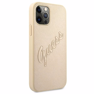 Guess GUHCP12MRSAVSLG iPhone 12/12 Pro 6.1 kietais apvalks viedtālrunim Saffiano Vintage Script zelta krāsas