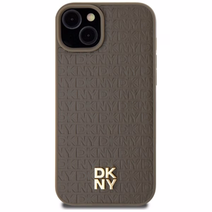 DKNY Ādas raksts metāla logotips Magnētiskais viedtālruņa apvalks iPhone 15 Plus / 14 Plus - brūna
