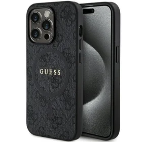 Guess 4G kolekcija ādas metāla logotips Magnētiskais apvalks iPhone 15 Pro - melns