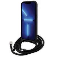 Karl Lagerfeld krustveida Saffiano monogramma metāla piespraude Karl & Choupette viedtālruņa apvalks iPhone 15 Pro - melns