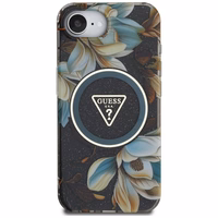 Guess IML Metal Glitter Flowers Triangle magnētiskais viedtālruņa apvalks iPhone 16e - melns