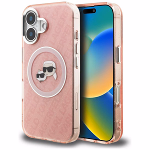 Karl Lagerfeld IML Glitter Karl & Choupette Heads Logo MagSafe maciņš iPhone 16 - rozā