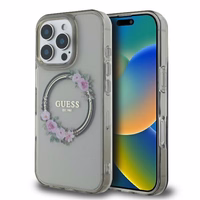 Guess IML Ziedu vainaga Magnētiskais viedtālruņa apvalks iPhone 16 Pro - melns