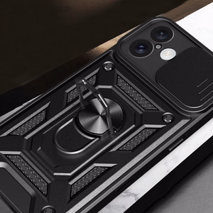 Hybrid Armor Camshield bruņots viedtālruņa apvalks iPhone 16 Plus ar kameras vāciņu un statīvu - melns