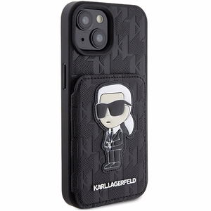 Karl Lagerfeld Saffiano Cardslots and Stand Monogram Ikonik Patch Viedtālruņa apvalks iPhone 15 - melns