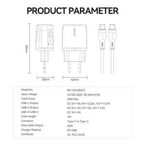BWOO sienas lādētājs CDA182 QC 38W 1x USB-A + 1x USB-C ar USB-C kabeli 1 m melns