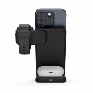 Crong MagSpot Pivot Stand 3 vienā bezvadu lādētājs iPhone, Apple Watch un AirPods ierīcēm, saderīgs ar MagSafe, melns