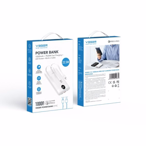 Внешний аккумулятор Veger C11 (W1170) PD QC3.0 2A 22,5W 10000 mAh со встроенными кабелями USB C / Lightning белый