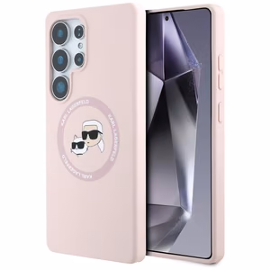 Karl Lagerfeld silikona dubulto galvu un apļa magnētiskais Samsung Galaxy S25 Ultra viedtālruņa apvalks rozā