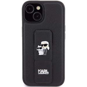 Karl Lagerfeld Gripstand Saffiano Karl&Choupette Pins viedtālruņa apvalks iPhone 15 - melns