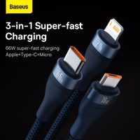 Baseus kabelis Flash Series II 3 in 1 - USB uz Type C, Lightning, Micro USB - 66W 6A 1,2 metri (CASS040003) zils
