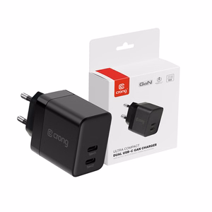Crong Ultra Compact GaN sienas lādētājs, 2 × USB-C, 35 W, PD 3.0, PPS, melns