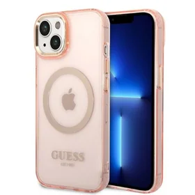 Guess GUHMP14SHTCMP iPhone 14 6.1" rozā cietais viedtālruņa apvalks ar zelta kontūru, caurspīdīgs, magnētiskais (MagSafe)