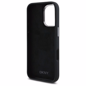 DKNY Liquid Silicone Metal Logo viedtālruņa apvalks iPhone 16 - melns