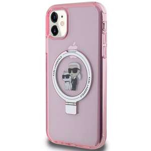 Karl Lagerfeld Magnētiskais viedtālruņa apvalks ar gredzena statīvu Karl&Choupette MagSafe iPhone 11 / Xr - rozā